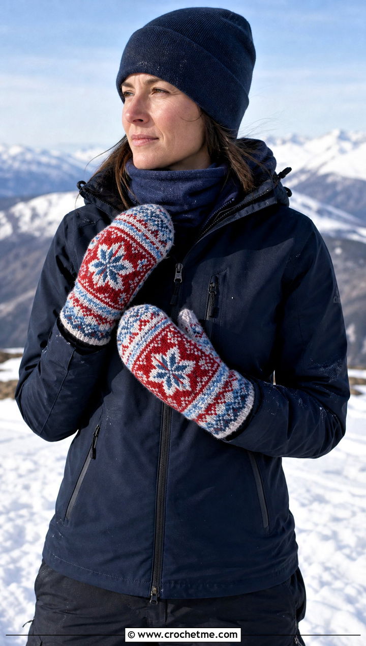Nordic Colorwork Crochet Mittens With Ski Jacket - 25 quick crochet mittens outfit ideas