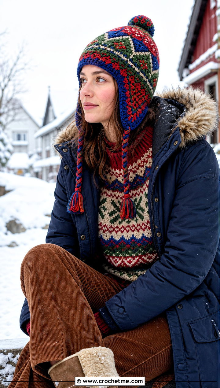 Nordic Crochet Earflap Beanie With Fair Isle Sweater - 30 crochet earflap beanie outfit ideas