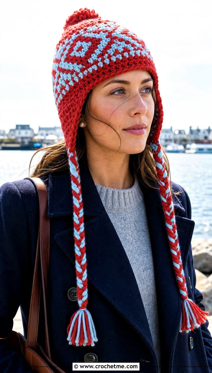 Nordic Crochet Earflap Hat With Braids And Peacoat - 30 crochet hat with braids outfit ideas