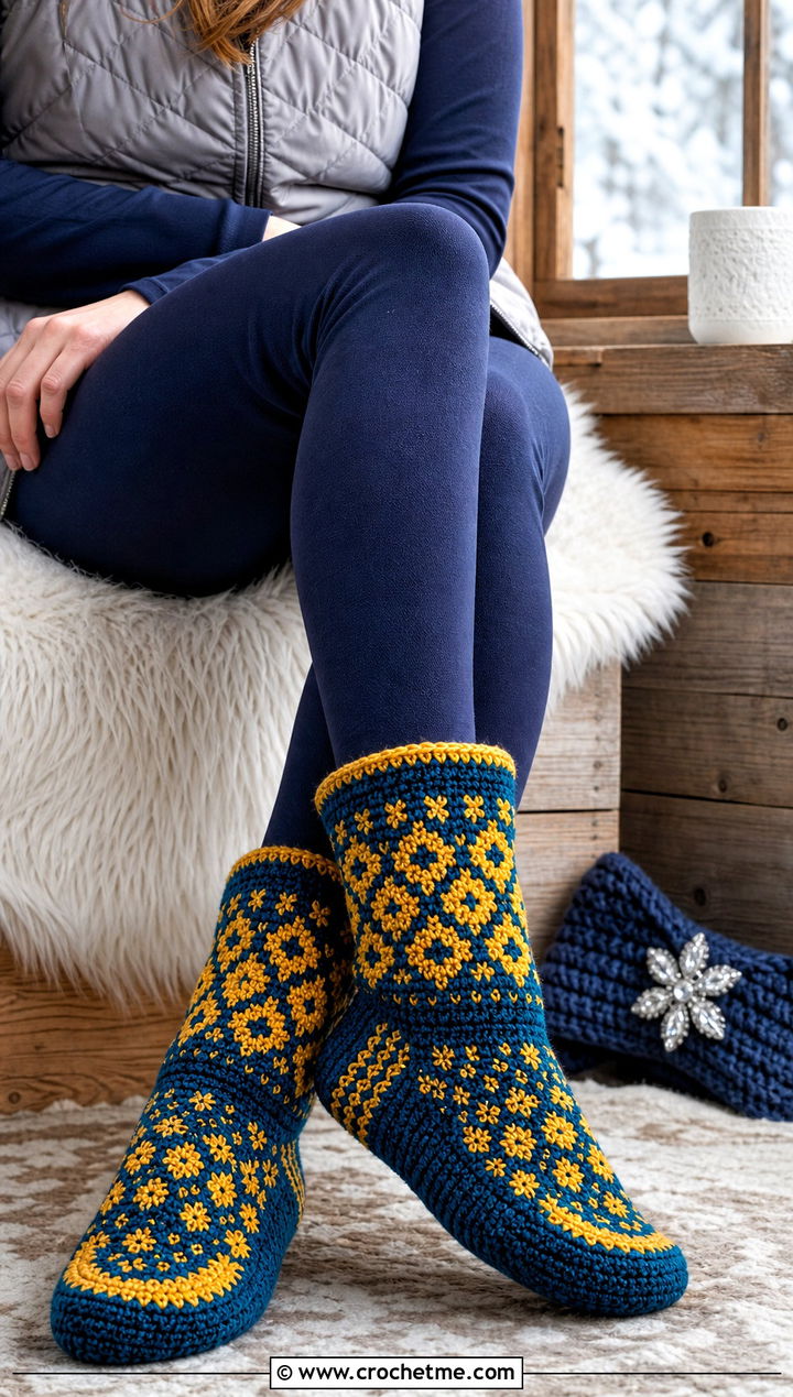 Nordic Crochet Slipper Socks With Quilted Vest - 25 Crochet Slipper Socks outfit ideas