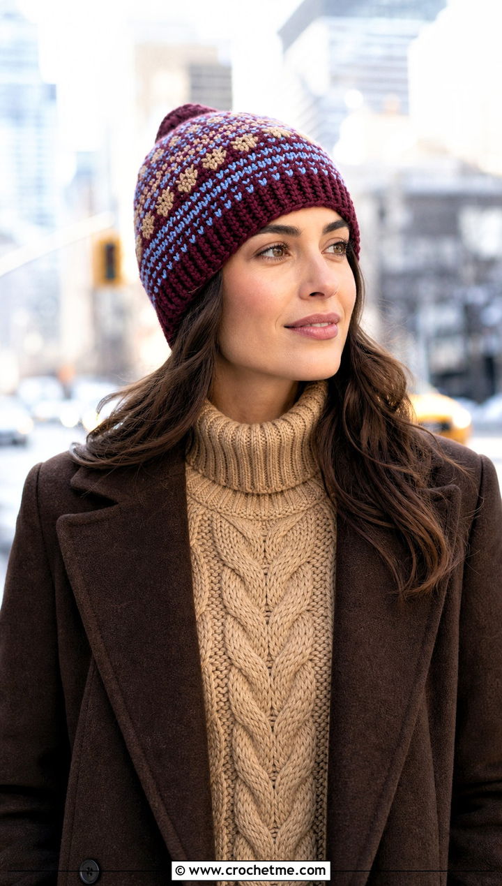 Nordic Fair Isle Crochet Toque With Cable Knit Sweater - 30 fair isle crochet hat outfit ideas