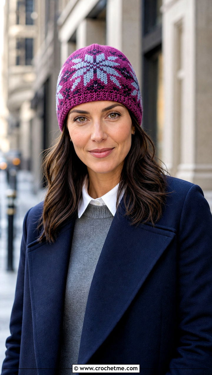 Nordic Star Crochet Fair Isle Beanie With Tailored Coat - 20 Crochet Fair Isle Beanie outfit ideas