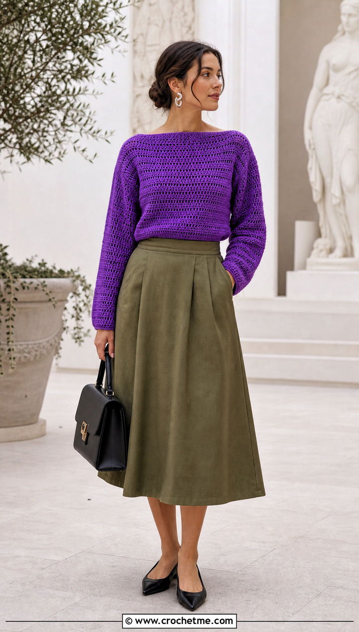 Norm Thompson Boat Neck Crochet Sweater With A Line Midi Skirt - 15 Norm Thompson Crochet Sweater outfit ideas