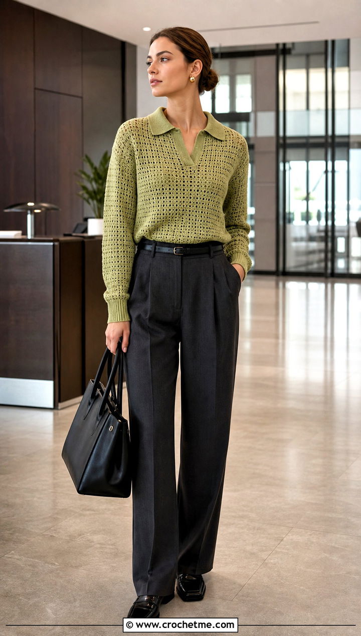 Norm Thompson Crochet Polo Sweater With Pleated Trousers - 15 Norm Thompson Crochet Sweater outfit ideas