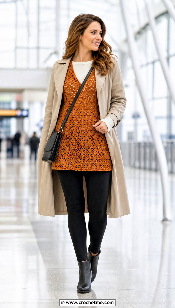 Norm Thompson Crochet Tunic Sweater With Leggings And Trench Coat - 15 Norm Thompson Crochet Sweater outfit ideas