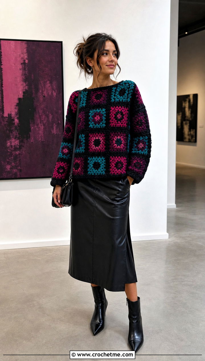 Norm Thompson Granny Square Crochet Sweater With Leather Midi Skirt - 15 Norm Thompson Crochet Sweater outfit ideas