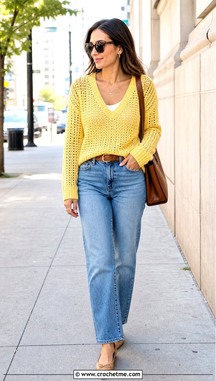 Norm Thompson Open Knit V Neck Crochet Sweater With Straight Jeans - 15 Norm Thompson Crochet Sweater outfit ideas