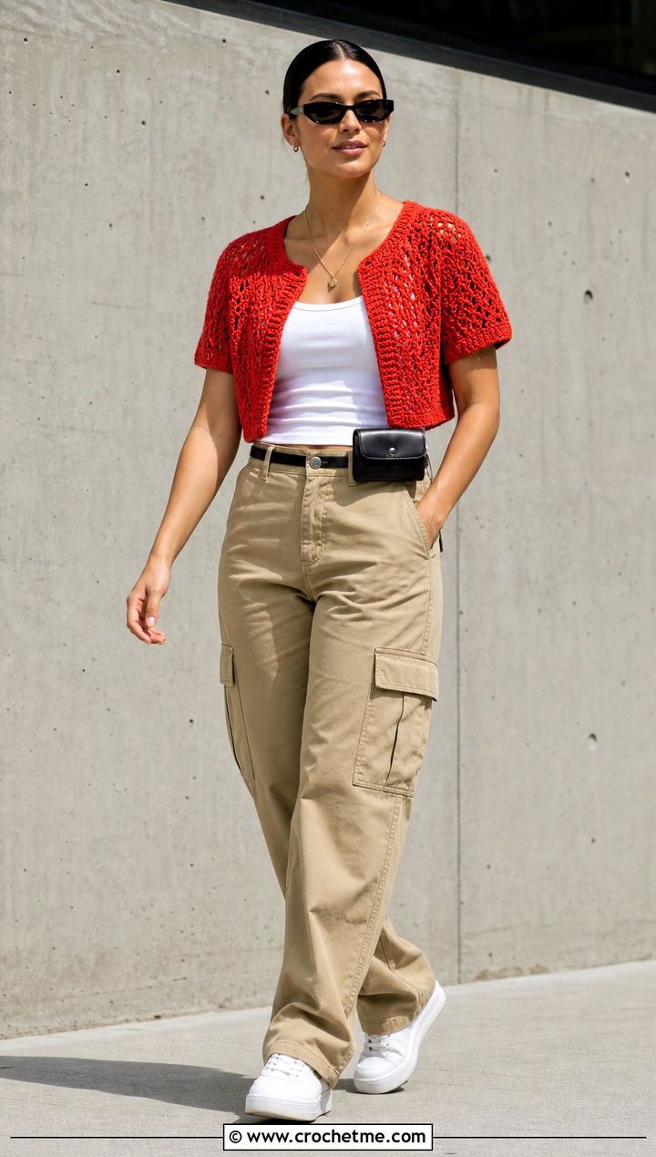 Norm Thompson Short Sleeve Crochet Sweater With Cargo Pants - 15 Norm Thompson Crochet Sweater outfit ideas