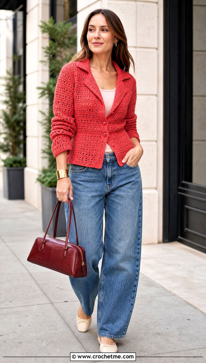 Notched Collar Crochet Cardigan With Barrel Leg Jeans - 15 Crochet Cardigan With Collar outfit ideas