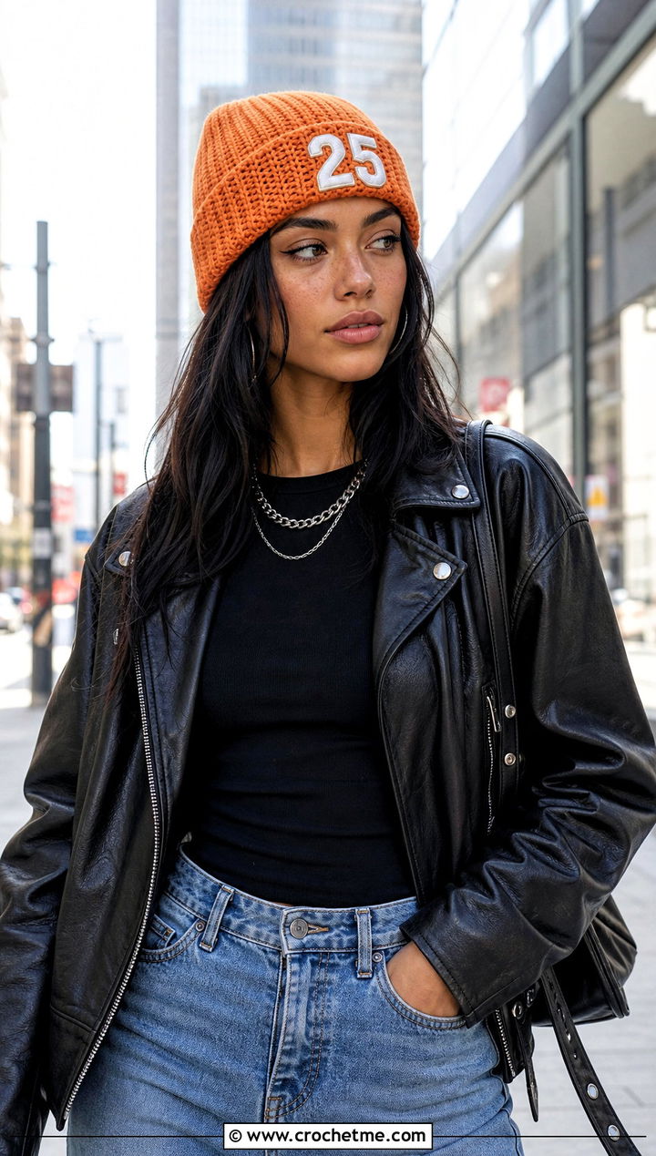 Number Applique Beanie With Leather Jacket And Jeans - 25 Birthday Crochet Hat outfit ideas