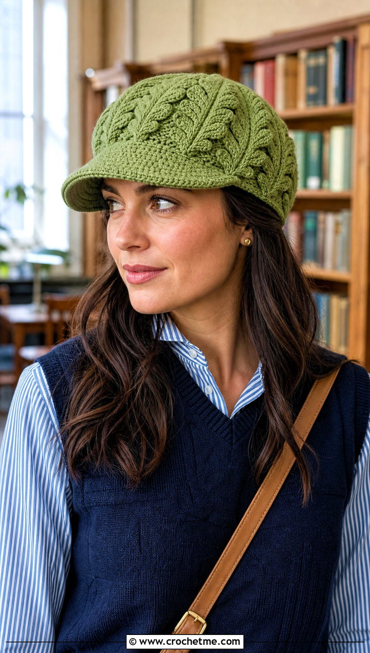 Oak Leaf Newsboy Hat With Sweater Vest - 25 Crochet Leaf Hat outfit ideas
