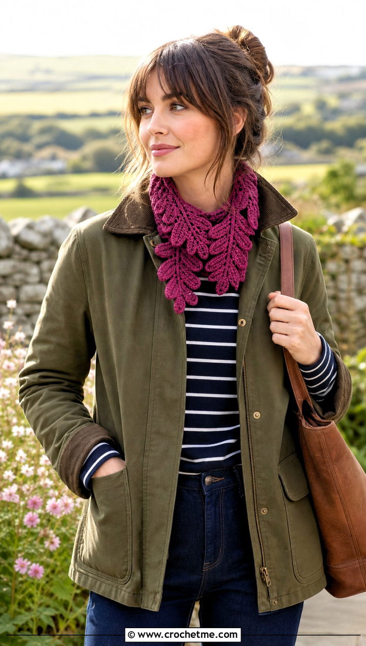 Oak Leaf Scarf With Barn Jacket - 25 crochet leaf scarf outfit ideas