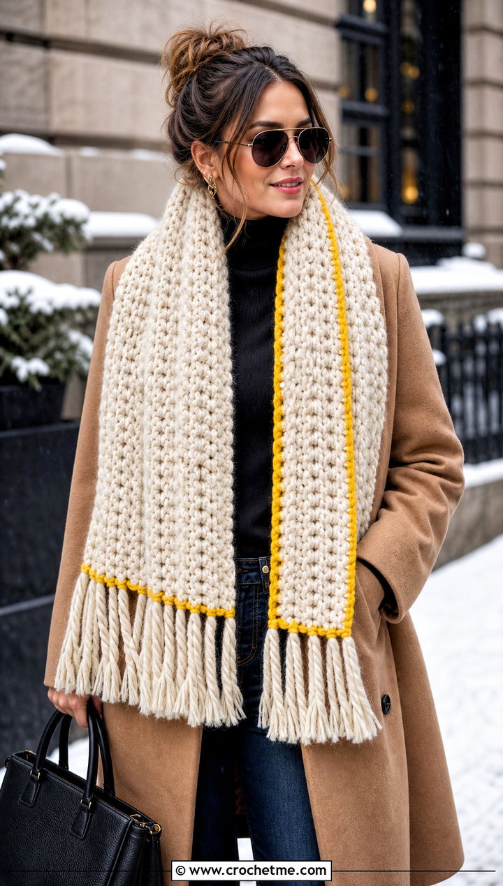 Oatmeal Chunky Fringe Crochet Scarf With Wool Coat - 15 neutral tone crochet scarf outfit ideas