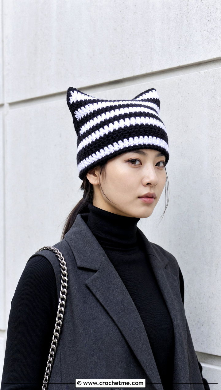 Obanai Striped Cat Ear Beanie With Monochrome Layers - 25 Demon Slayer Crochet Hat outfit ideas