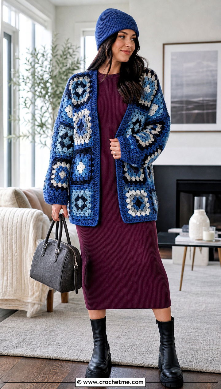 Ocean Blue Chunky Granny Square Cardigan With Knit Dress - 30 blue granny square cardigan outfit ideas