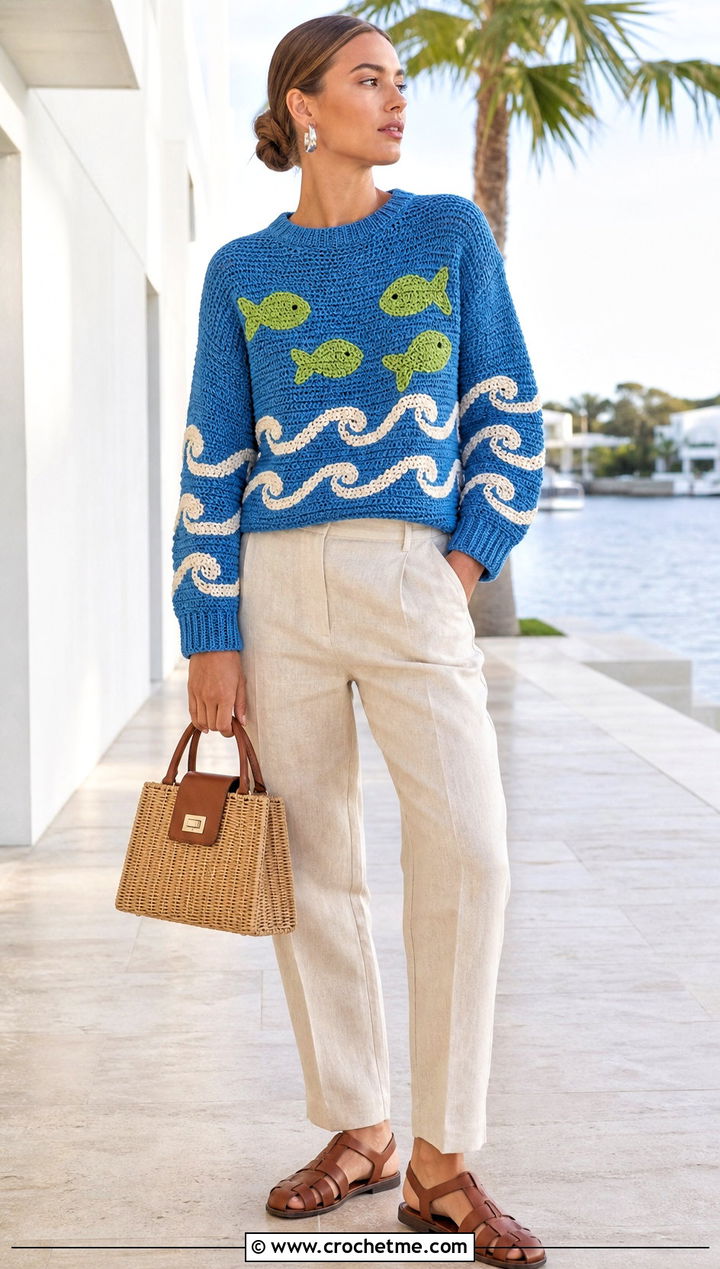 Ocean Motif Tapestry Crochet Jumper With Linen Pants - 30 Tapestry Crochet Jumper outfit ideas