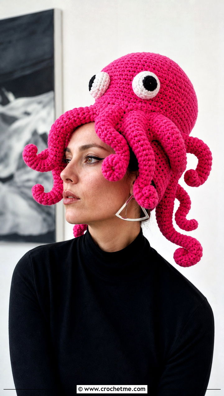 Octopus Crochet Hat With Monochrome Outfit - 30 crochet funny hats outfit ideas