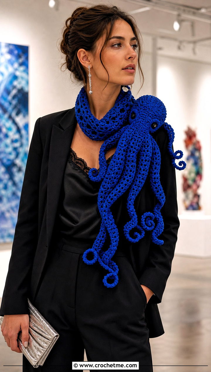 Octopus Crochet Scarf With Evening Outfit - 15 Funny Crochet Scarves outfit ideas