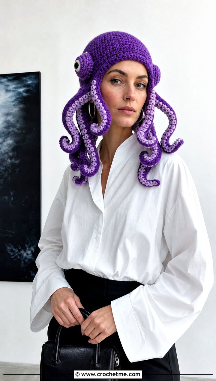 Octopus Tentacle Crochet Hat With Minimalist Outfit - 25 Weird Crochet Hat outfit ideas