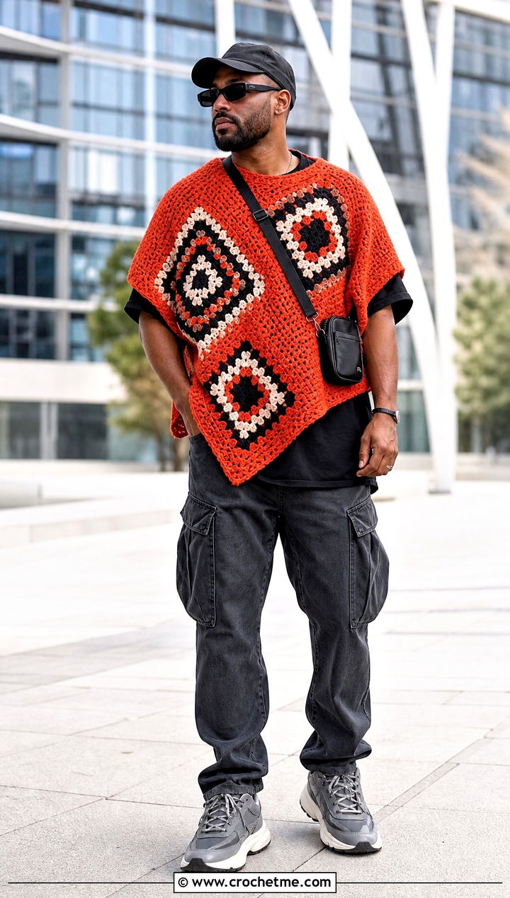 Off Center Granny Square Crochet Mens Poncho With Streetwear - 25 crochet men's poncho outfit ideas