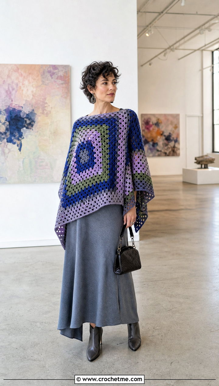 Off Center Granny Square Crochet Poncho Sweater With Maxi Skirt - 35 crochet poncho sweater outfit ideas