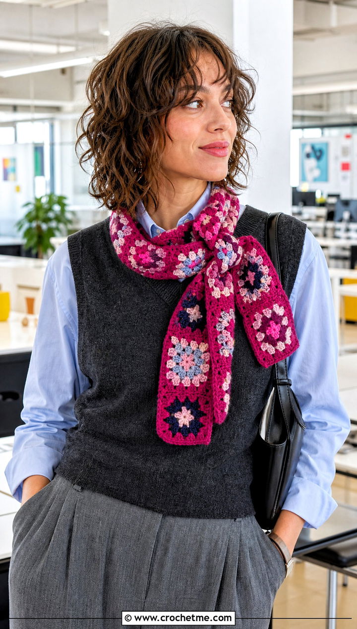 Off Center Granny Square Scarf With Sweater Vest And Trousers - 30 crochet scarf squares outfit ideas