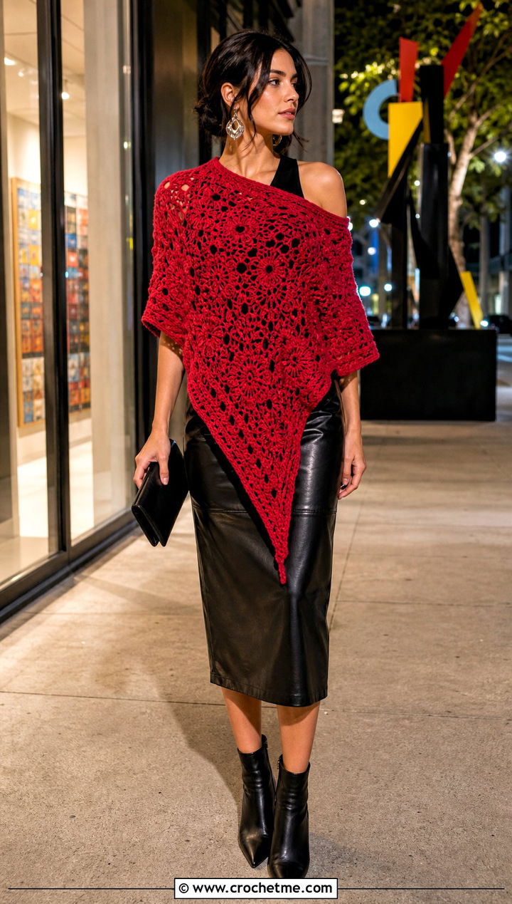 Off Center Square Poncho With Leather Midi Skirt - 30 crochet square poncho outfit ideas