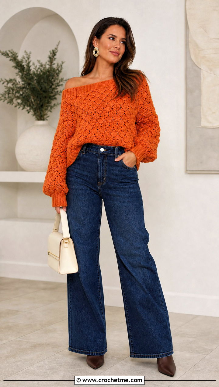 Off Shoulder Alpine Stitch Sweater With Wide Leg Jeans - 25 crochet alpine stitch sweater outfit ideas