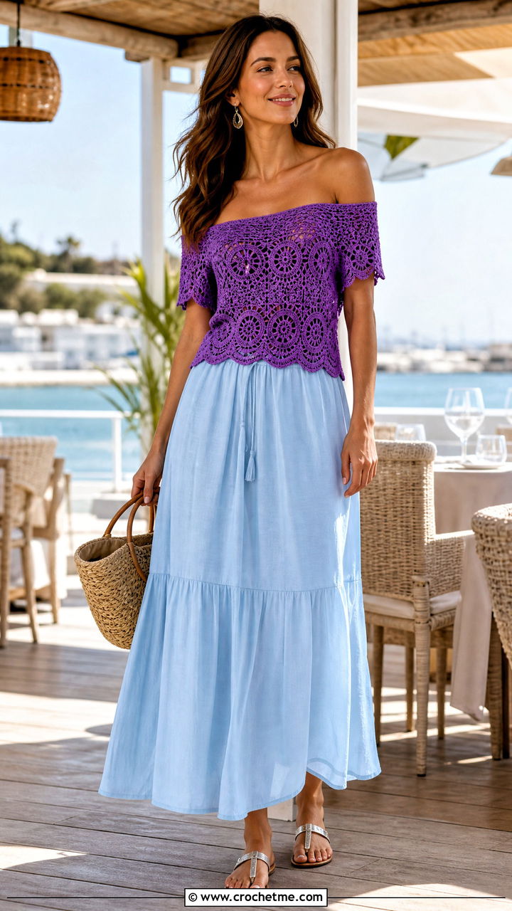 Off Shoulder Beach Crochet Top With Maxi Skirt - 35 Beach Crochet Top outfit ideas