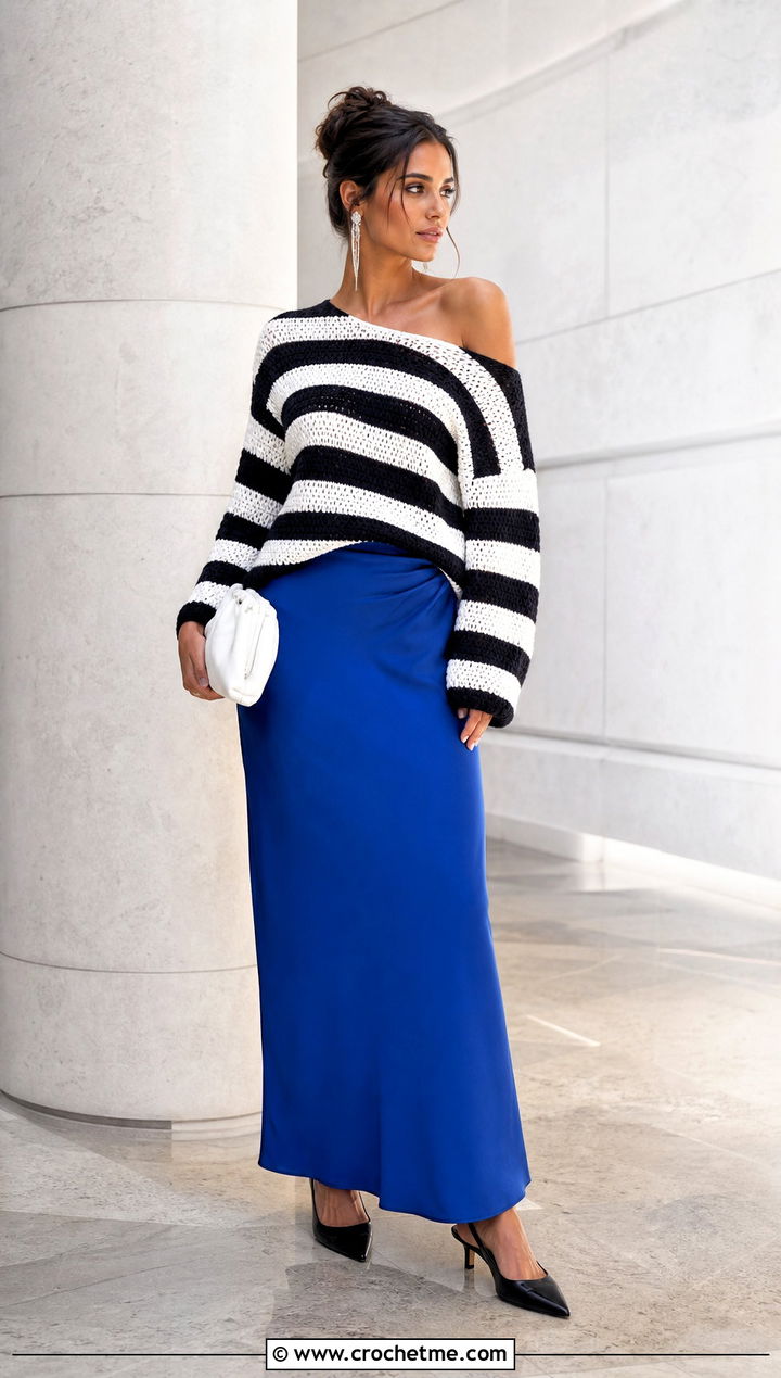 Off Shoulder Black And White Striped Crochet Sweater With Maxi Skirt - 25 black and white striped crochet sweater outfit ideas