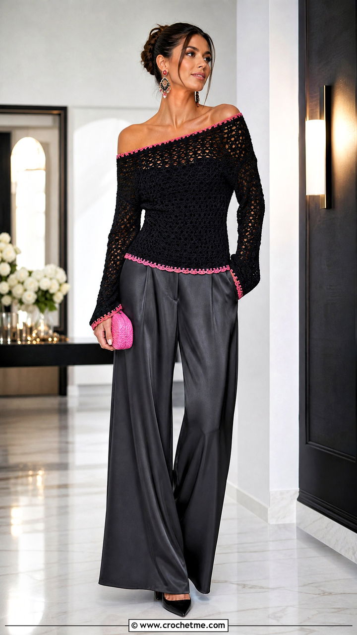 Off Shoulder Black Crochet Sweater With Satin Trousers - 35 black crochet sweater outfit ideas
