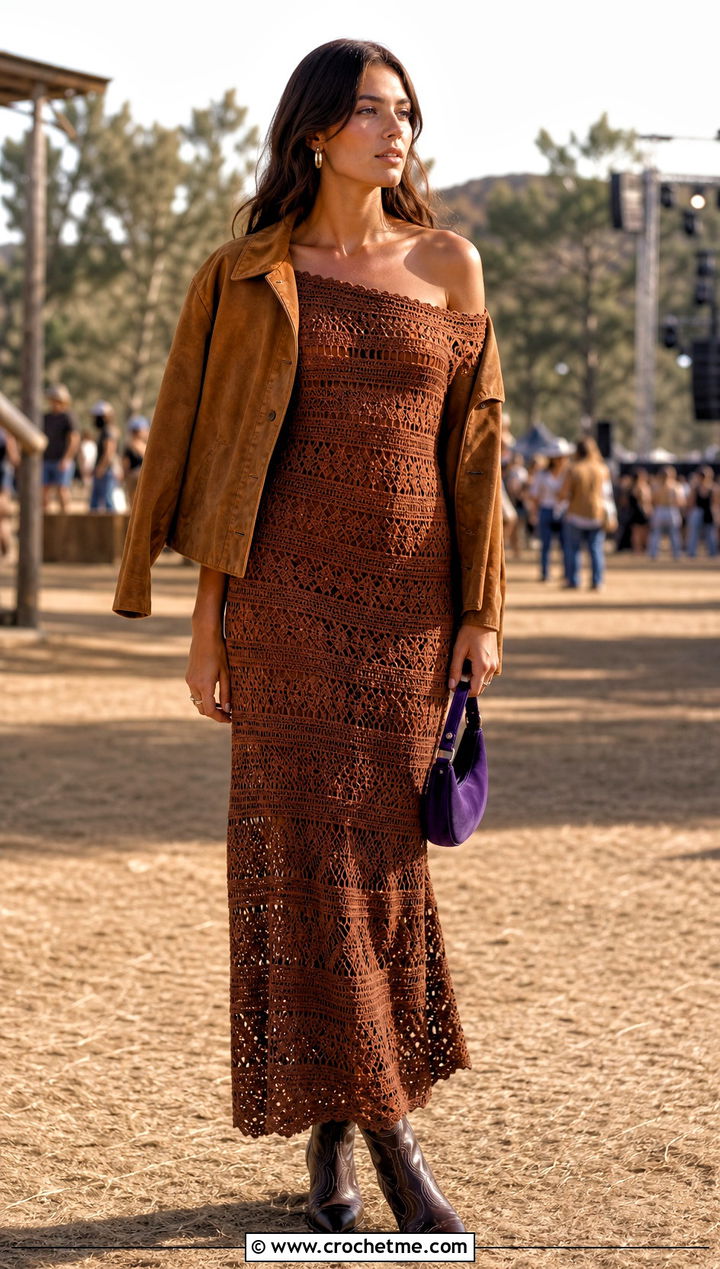 Off Shoulder Brown Crochet Maxi Dress With Suede Jacket - 20 brown crochet maxi dress outfit ideas