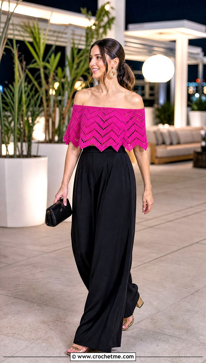 Off Shoulder Chevron Crochet Top With Palazzo Pants - 30 crochet chevron top outfit ideas