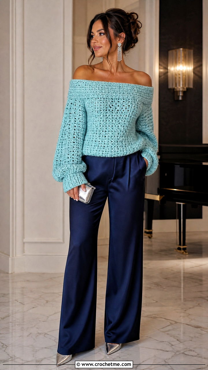 Off Shoulder Chunky Crochet Sweater With Satin Pants - 35 chunky crochet sweater outfit ideas