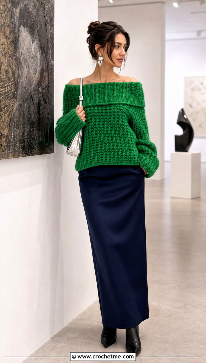 Off Shoulder Chunky Crochet Sweater With a Maxi Skirt - 25 Chunky Crochet Sweaters outfit ideas