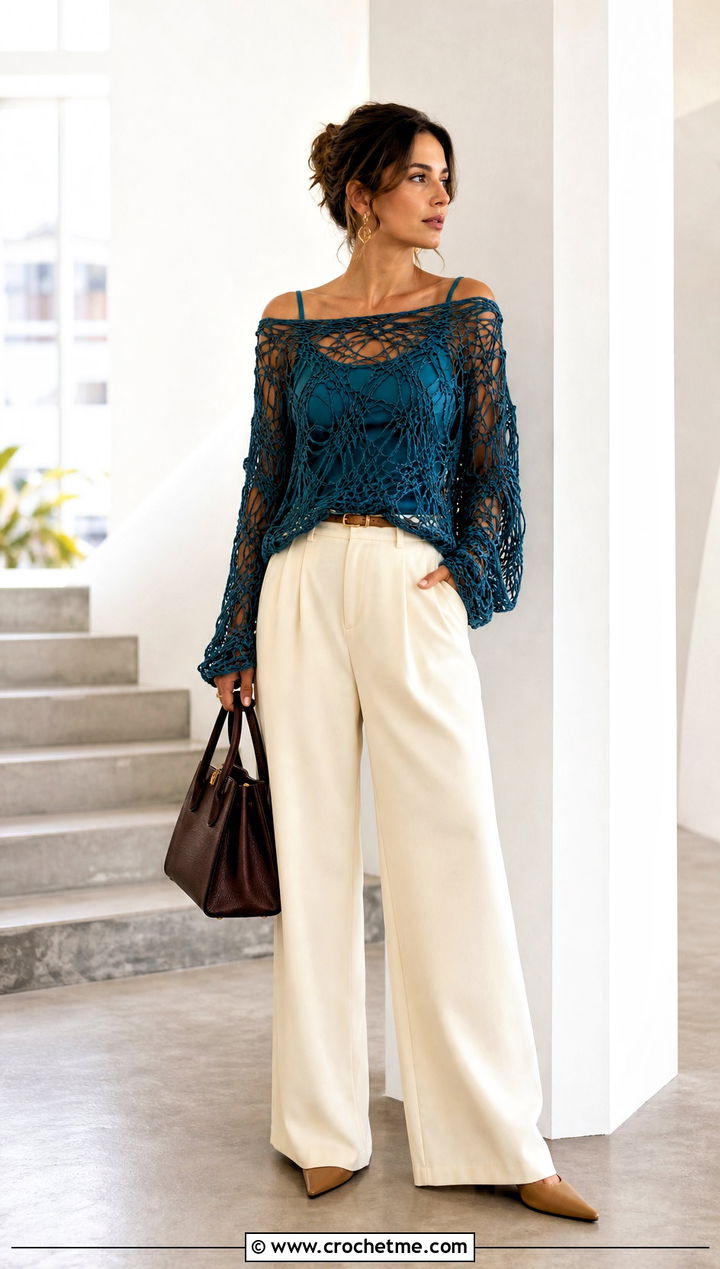 Off Shoulder Cobweb Top With Wide Leg Trousers - 25 Crochet Cobweb Top outfit ideas