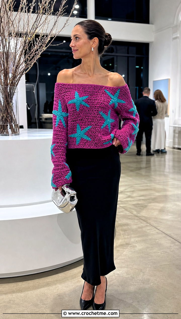 Off Shoulder Coraline Star Crochet Sweater With Column Skirt - 25 Coraline Star Crochet Sweater outfit ideas