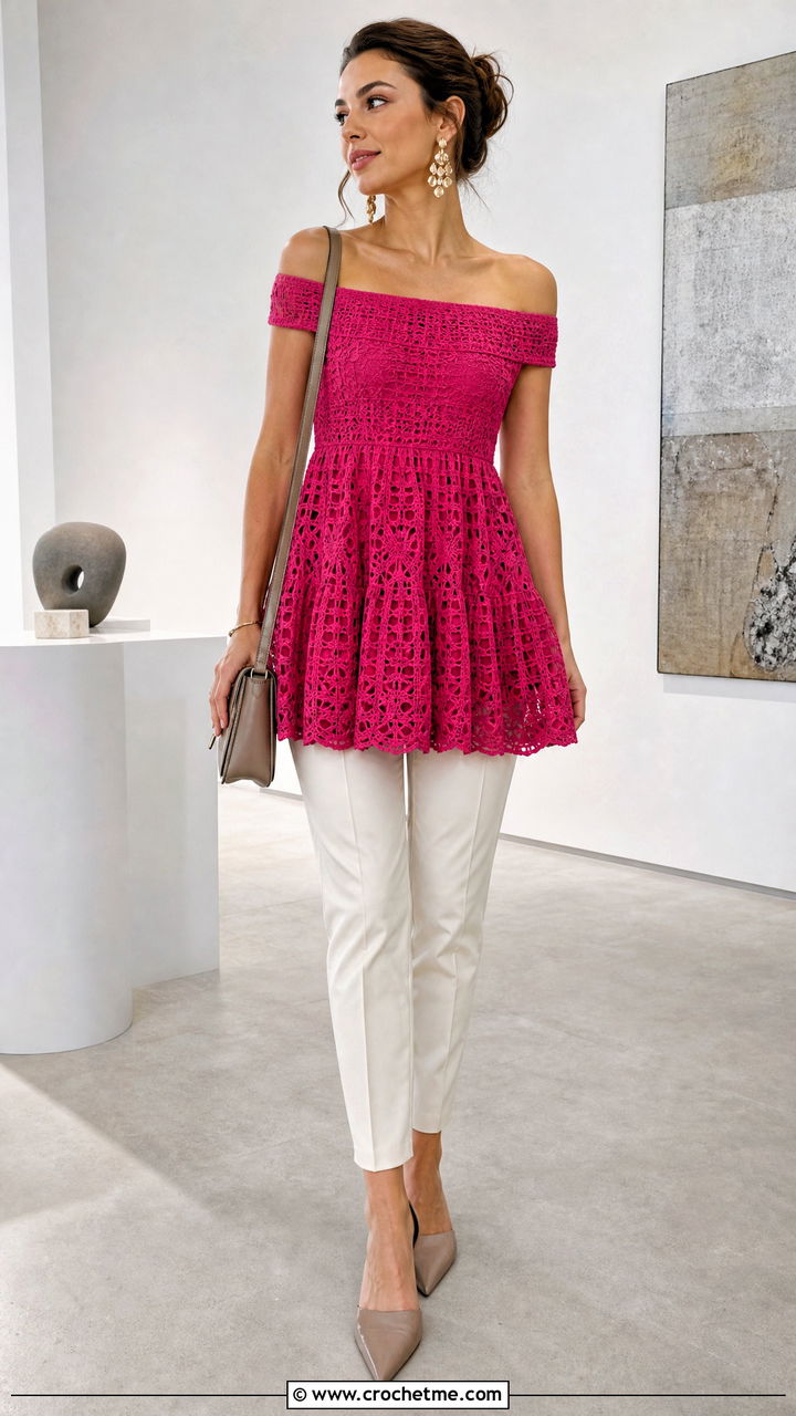 Off Shoulder Crochet Babydoll Dress Over Slim Pants - 35 crochet babydoll dress outfit ideas