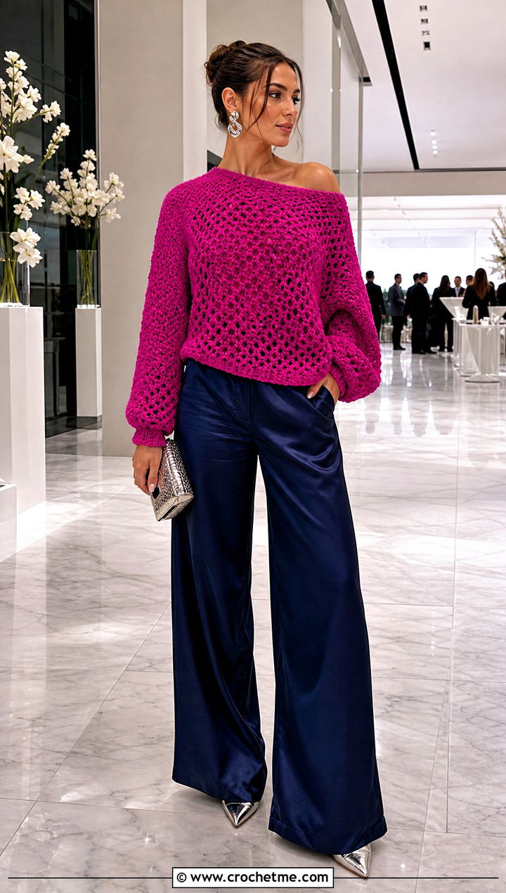 Off Shoulder Crochet Baggy Sweater With Satin Trousers - 30 crochet baggy sweater outfit ideas
