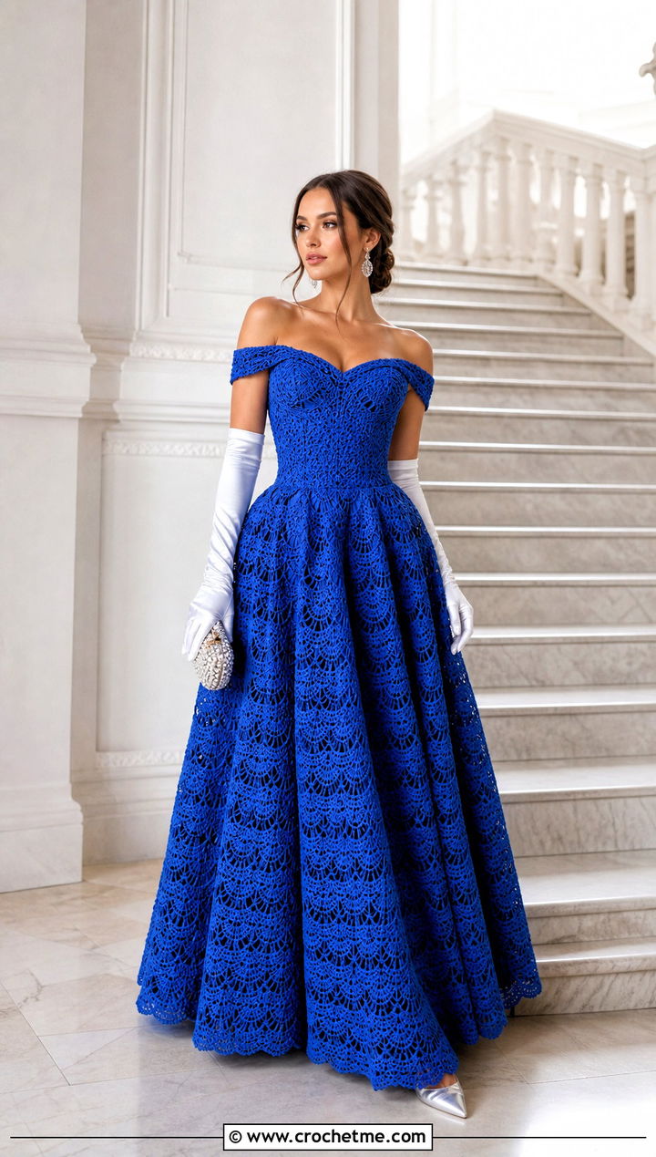 Off Shoulder Crochet Ball Gown With Opera Gloves - 20 Crochet Ball Gown outfit ideas