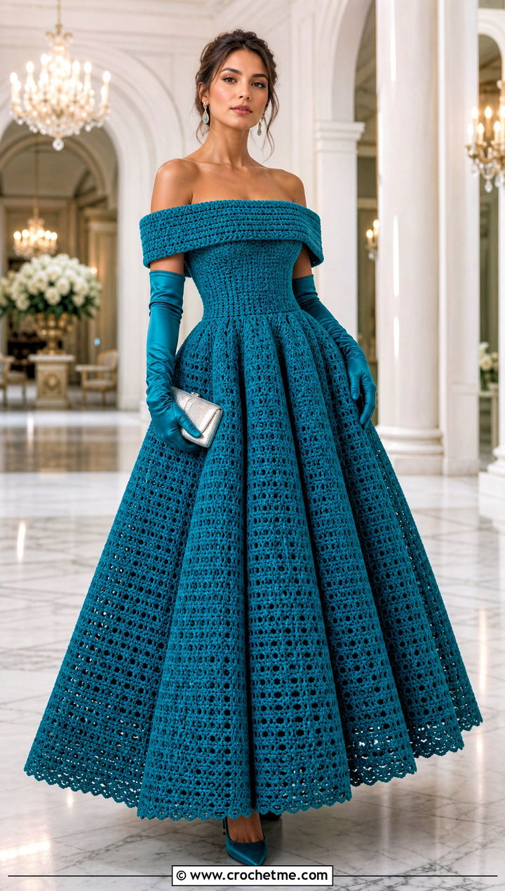 Off Shoulder Crochet Ball Gown With Opera Gloves - 30 crochet ball gown dress outfit ideas