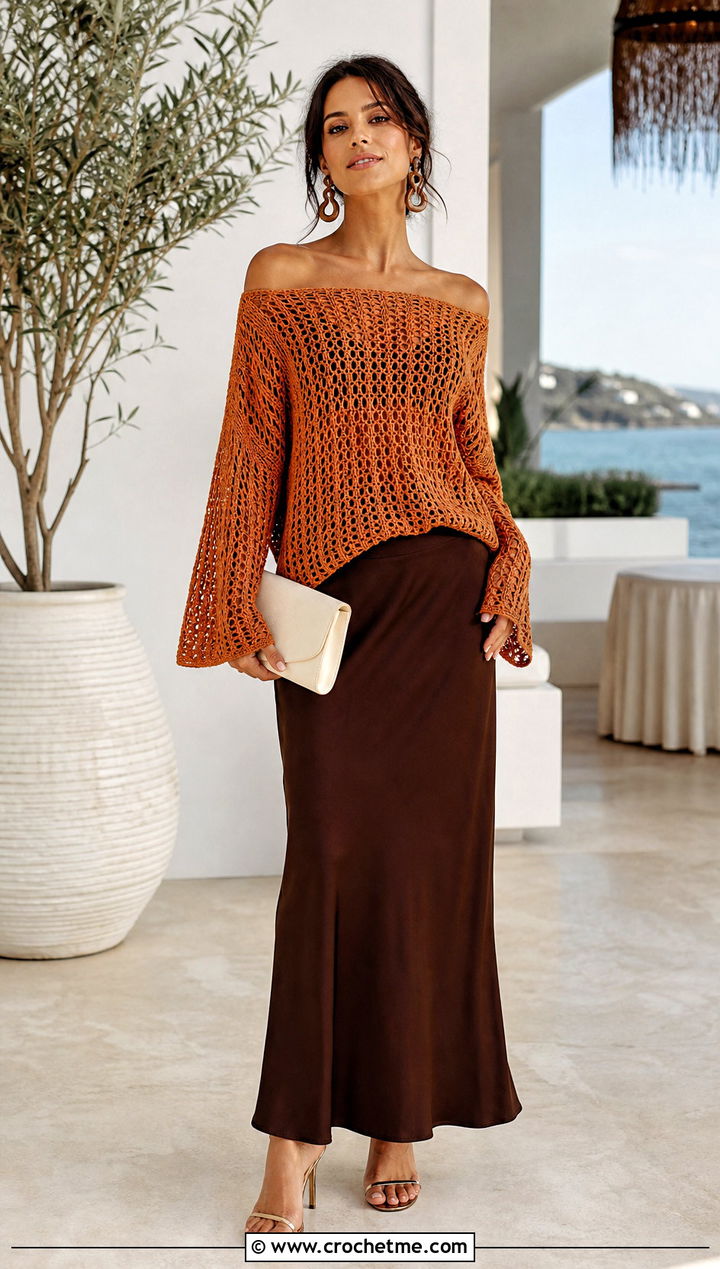 Off Shoulder Crochet Beach Sweater With Column Skirt - 25 Crochet Beach Sweater outfit ideas