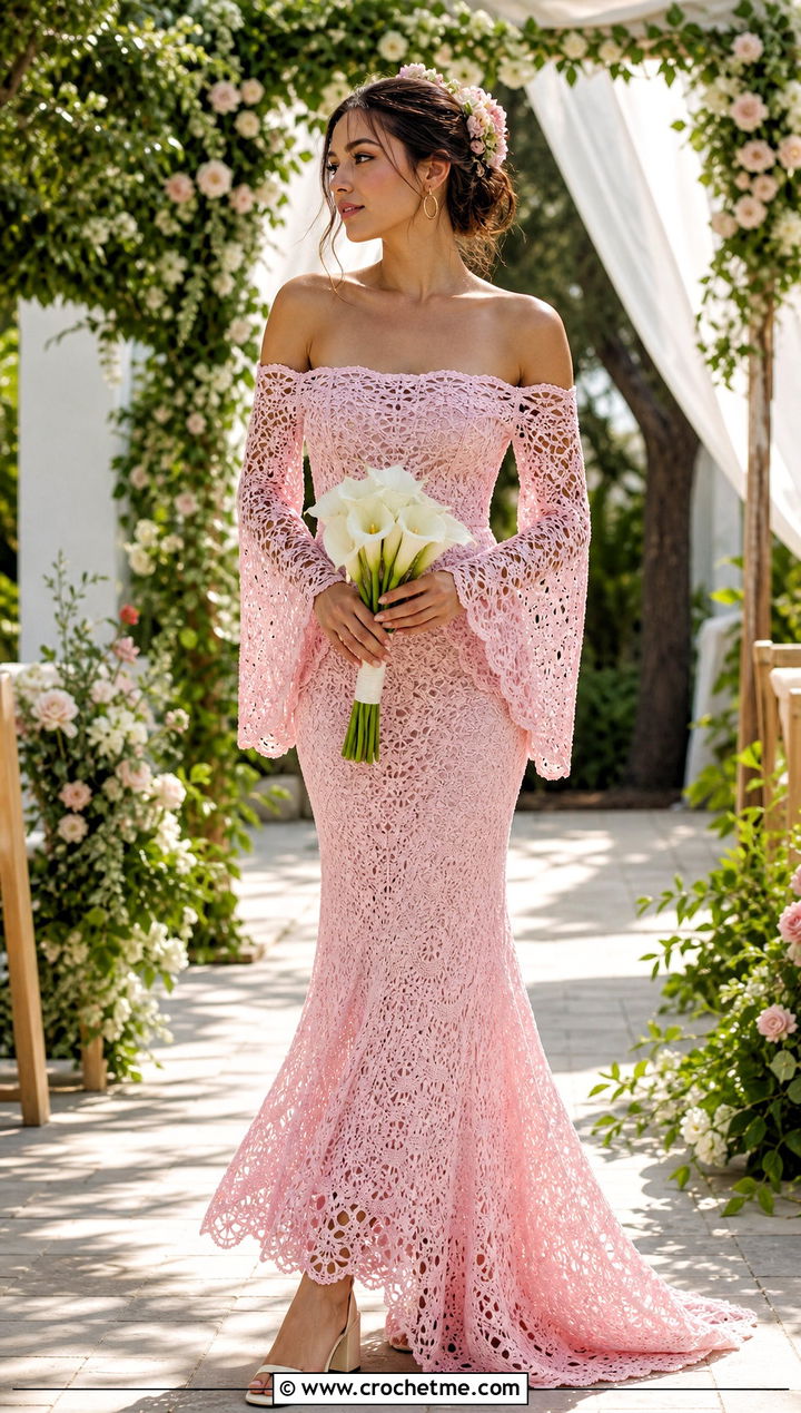 Off Shoulder Crochet Bell Sleeve Bridal Gown With Block Heels - 15 Handmade Crochet Bridal Gown outfit ideas