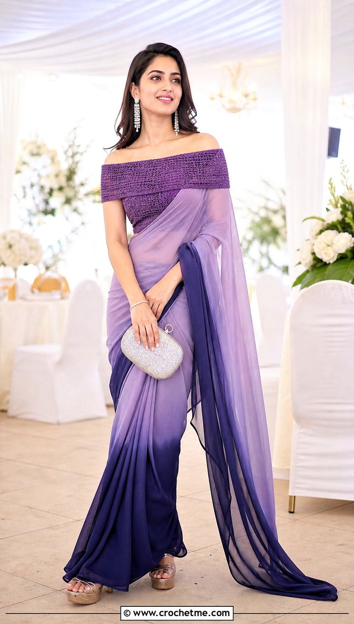 Off Shoulder Crochet Blouse With Ombre Saree - 35 Crochet Blouse For Saree outfit ideas