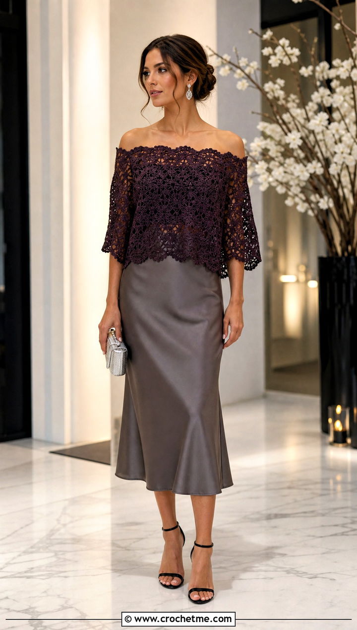 Off Shoulder Crochet Blouse With Satin Midi Skirt - 15 quick crochet blouse outfit ideas