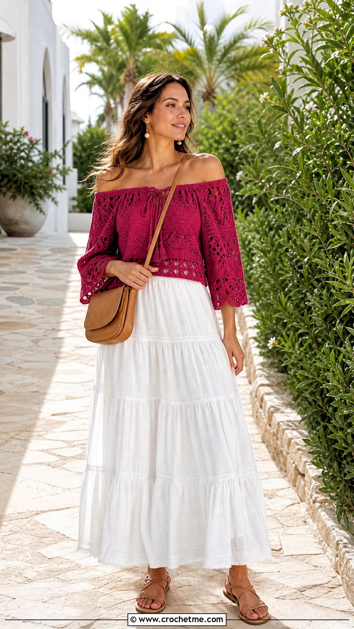 Off Shoulder Crochet Blouse With Tiered Maxi Skirt - 35 crochet summer blouse outfit ideas