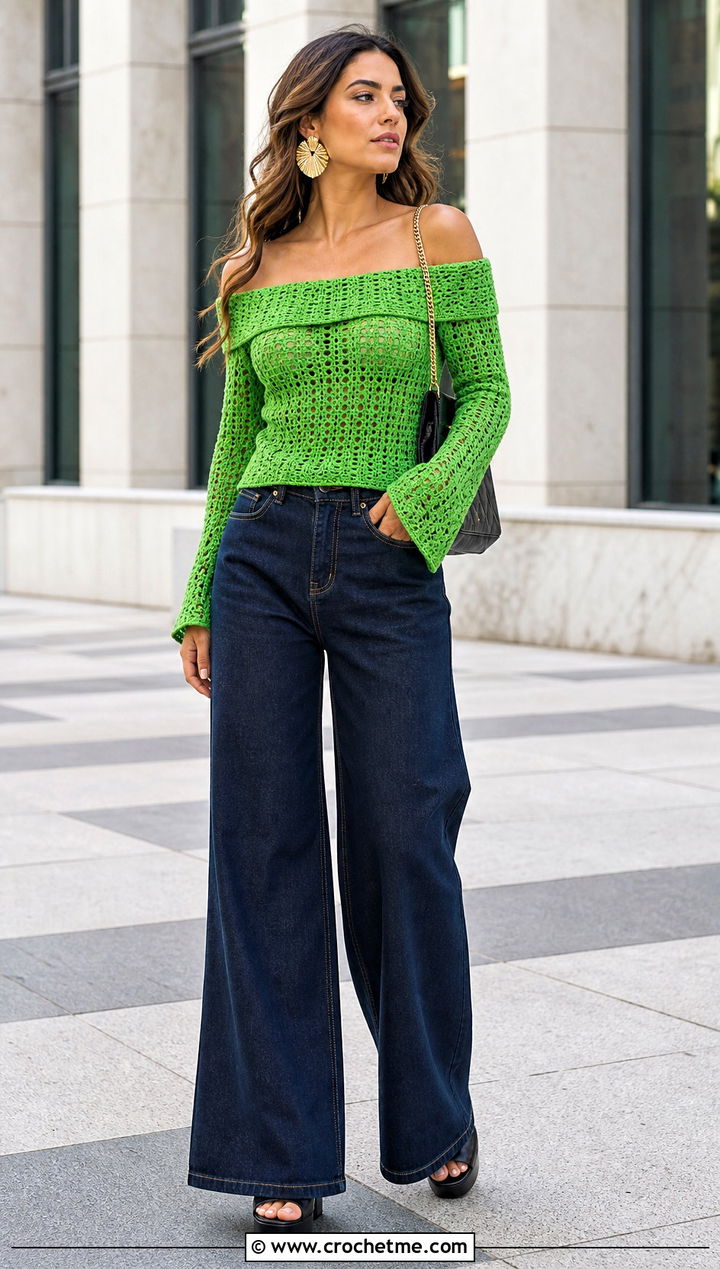 Off Shoulder Crochet Blouse With Wide Leg Jeans - 15 Long Sleeve Crochet Blouse outfit ideas