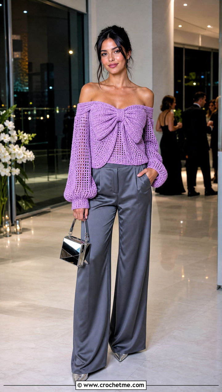 Off Shoulder Crochet Bow Sweater With Satin Trousers - 25 crochet bow sweater outfit ideas