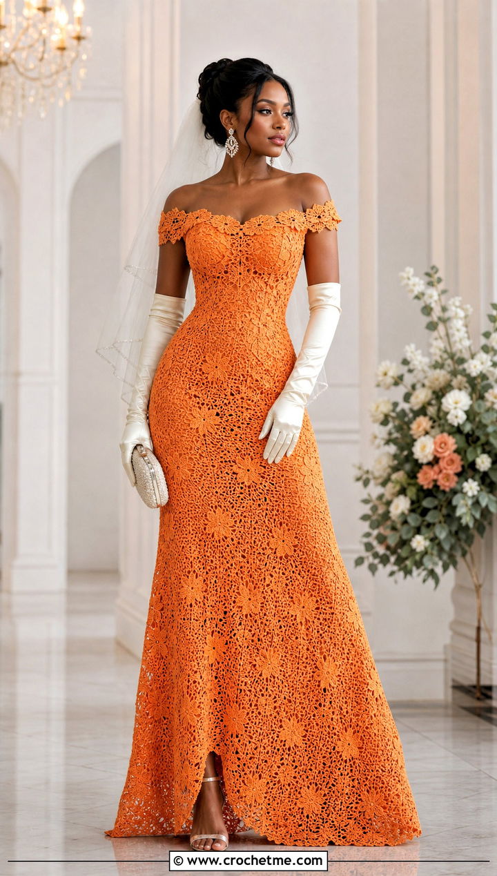 Off Shoulder Crochet Bridal Dress With Opera Gloves - 30 crochet bridal dress outfit ideas