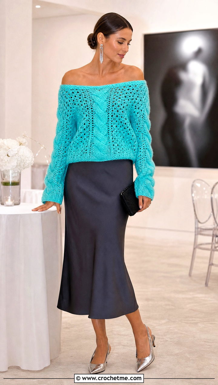 Off Shoulder Crochet Cable Sweater With Slip Skirt - 30 crochet cable knit sweater outfit ideas